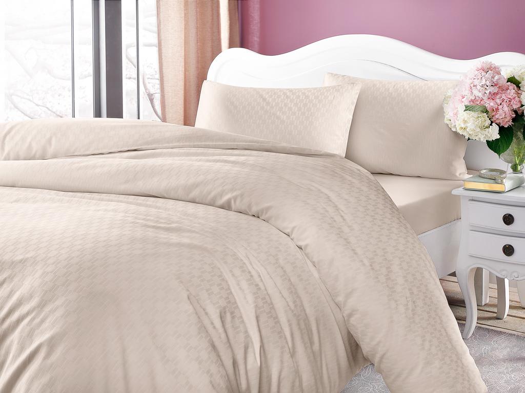 Verificare de vară  Saten din bumbac cu dungi  King Size  SET LENJERIE DE PAT 240x220 cm Beige