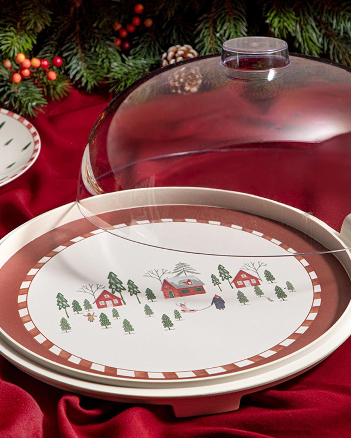 Winter Landscape Melamine Cake Bell Glass 31 cm Claret Red
