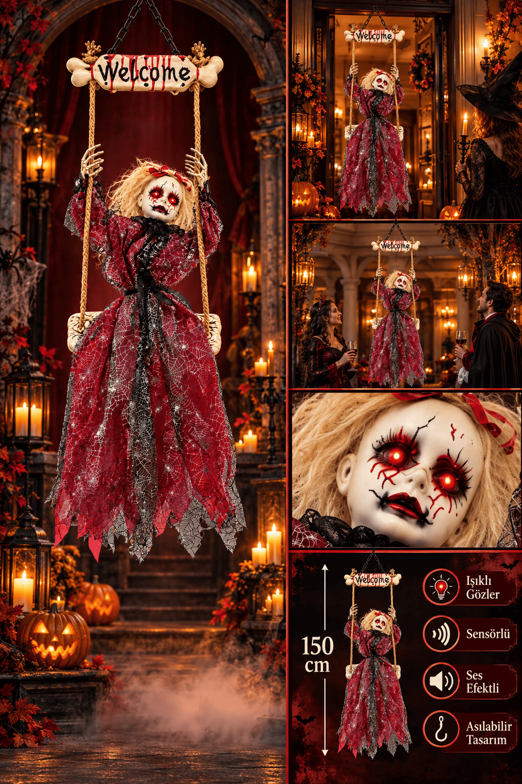 150 cm Işıklı Sensörlü Sesli Halloween Sallanan Korku Figürü Asılabilir Cadı Dekoru
