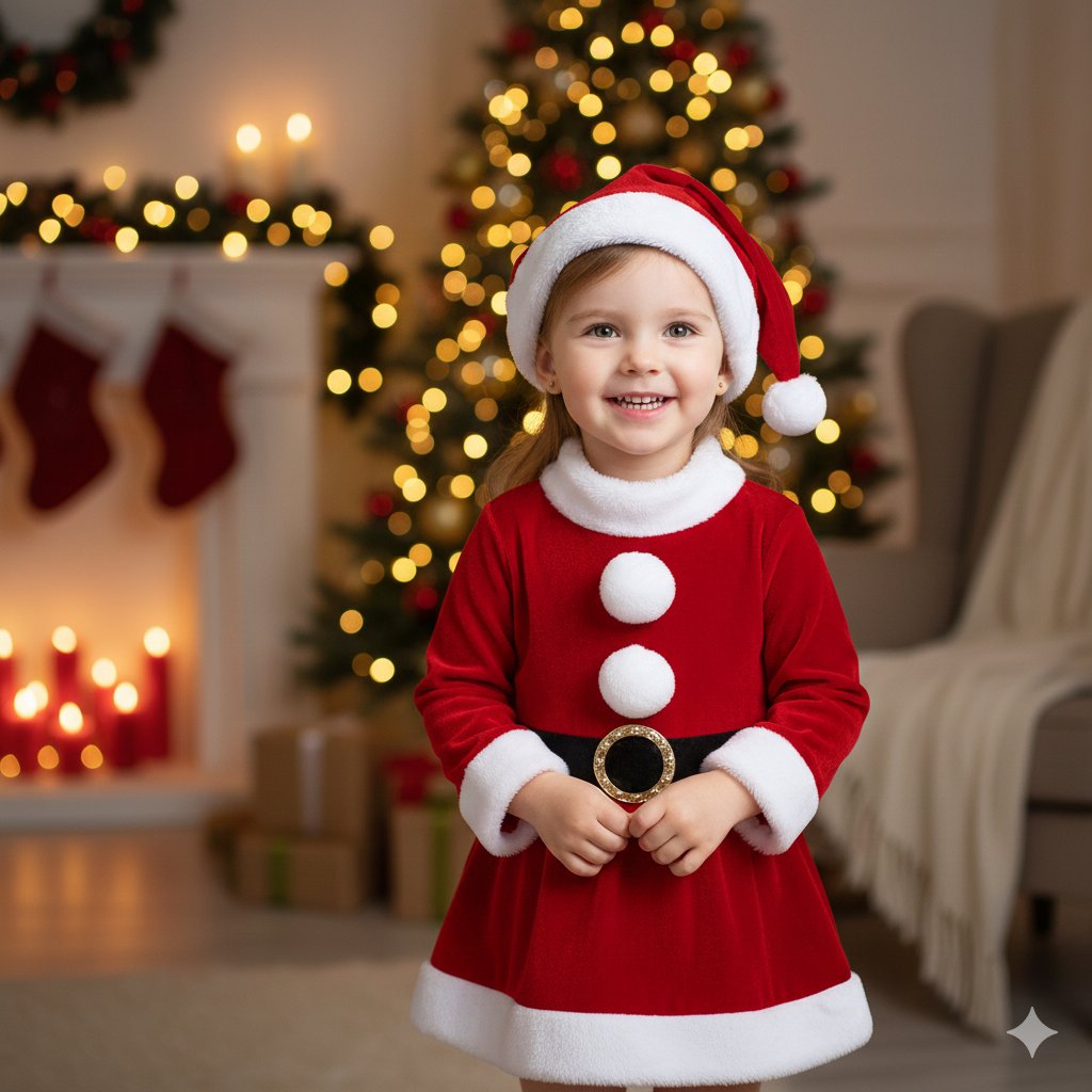 2–3 Yaş Kız Çocuk Noel Baba Kostümü – Şapkalı ve Kemerli Yılbaşı Elbise Seti