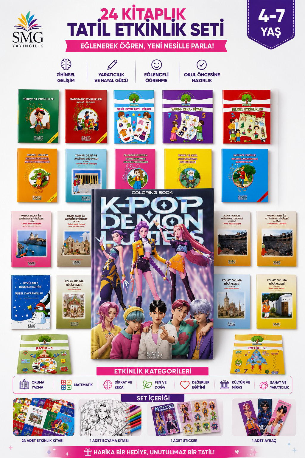 24 lü Tatil Seti Etkinlik-kavram-Boyama-Dikkat-matematik 4-7 yaş + K-POP maske boyama stickers