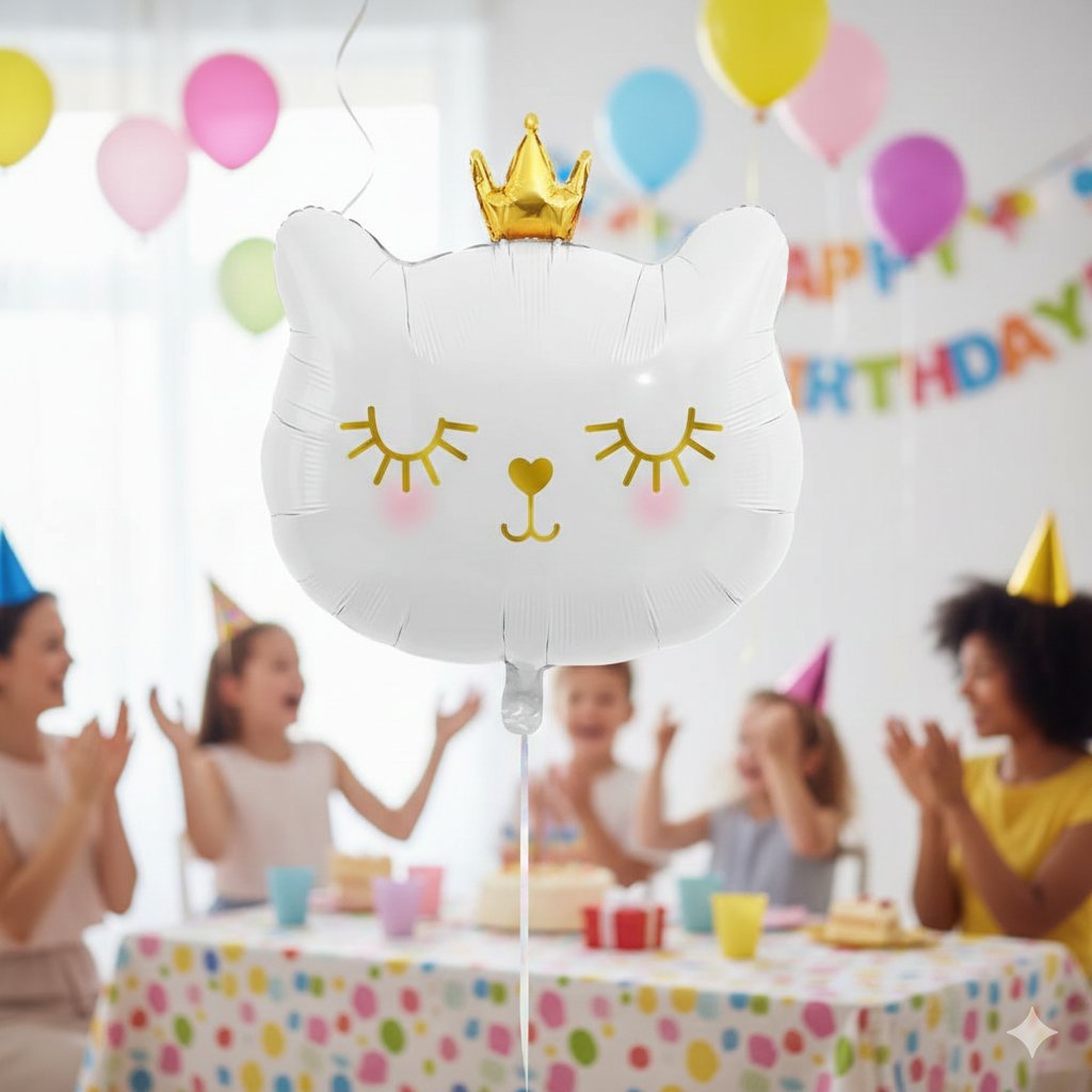 30 İnç Beyaz Kedi Kafası Taçlı Folyo Balon - Doğum Günü Parti Dekorasyon Balonu