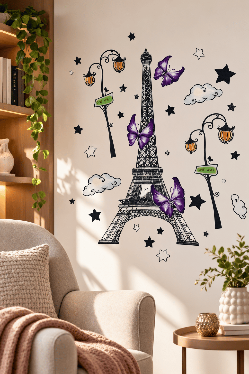 3D Renkli Eyfel Kulesi Duvar Stickerı 32x50 cm Mor Kelebekli Paris Temalı Oda Duvar Dekorasyonu
