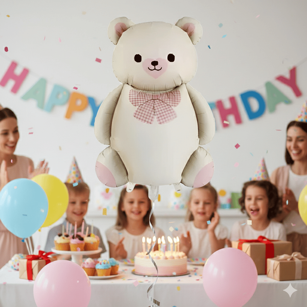 56,5x90 cm Papyonlu Ayıcık Krem Folyo Balon - Doğum Günü Parti Dekorasyon Balonu