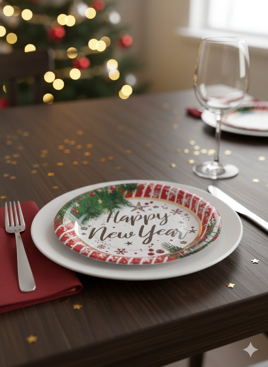 6'lı Paket Yılbaşı Temalı Lüks Kalın Karton Tabak - Happy New Year Gold Varaklı - Yılbaşı Sofrası Servis Tabağı