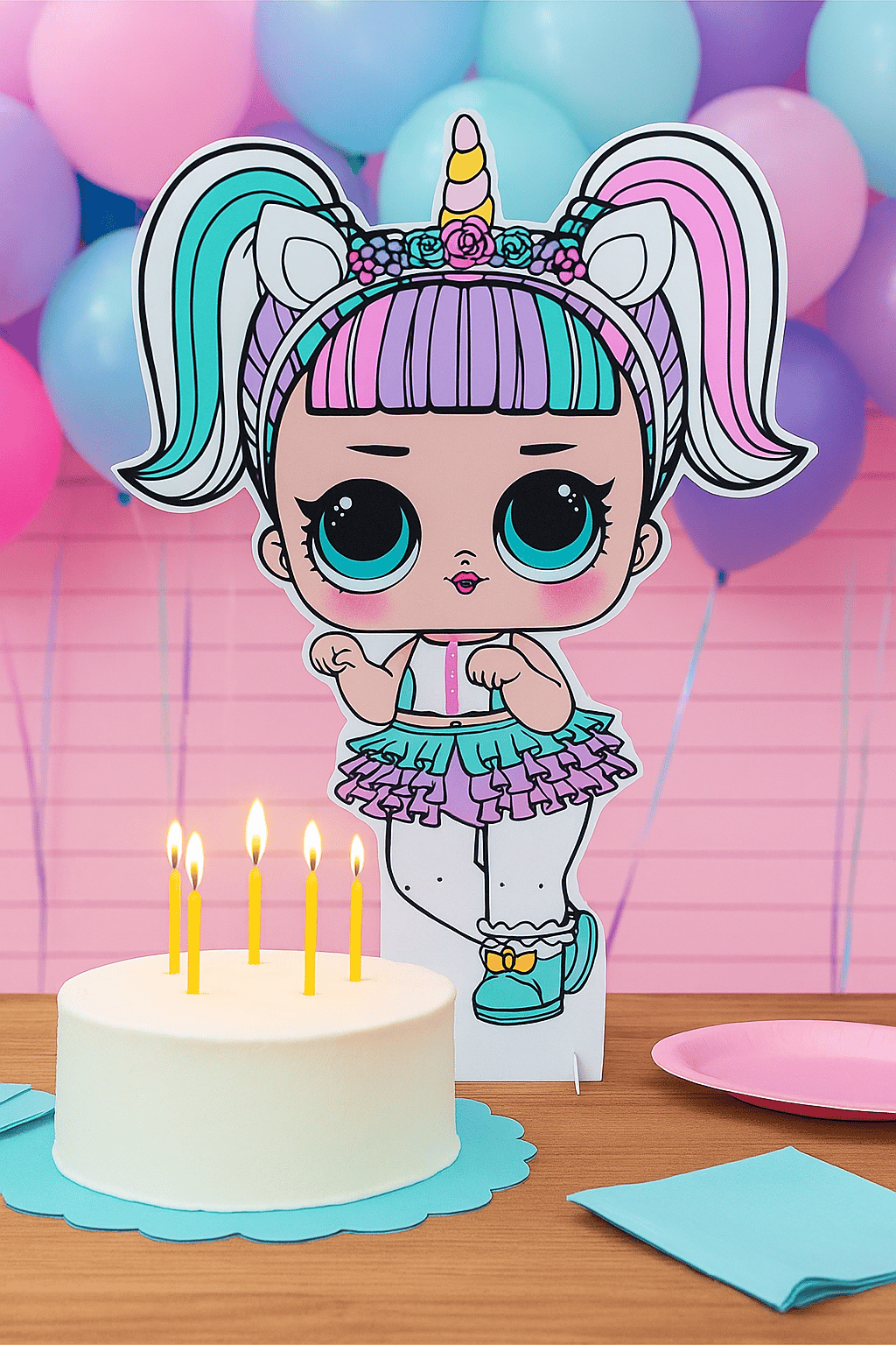 Ayaklı pano Lol Bebek Unicorn Temalı 50x30 cm Doğum günü Masa Dekoru Oda Süsü