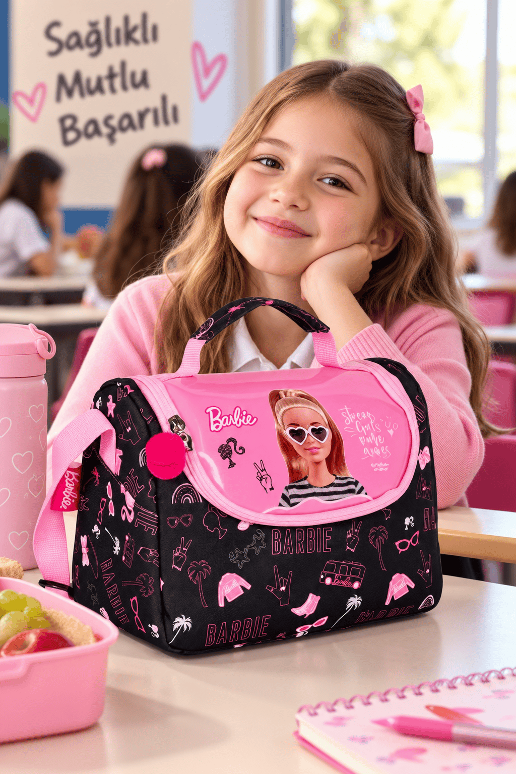 Barbie Kız Çocuk Pembe Termal Beslenme Çantası Okul Yemek Çantası Günlük Kullanım 22x20x12 cm