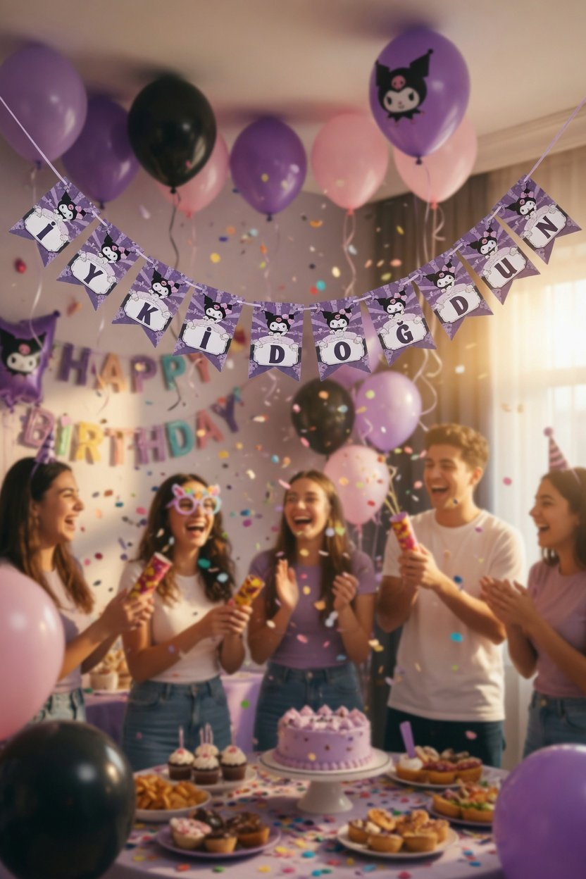 Dekoratif Asmalı Banner Kuromi İyiki Doğdun yazısı