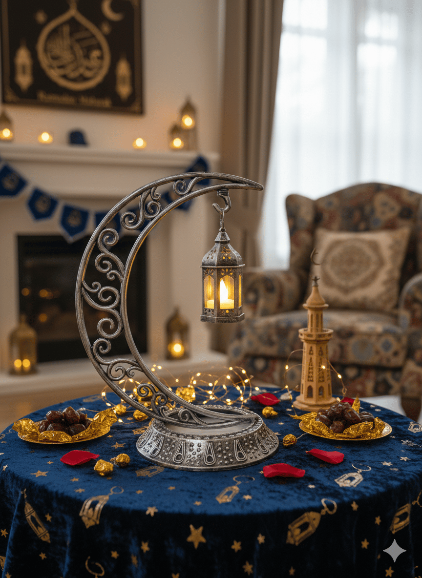 Dekoratif Masa Üstü Hilal Eskitme GümüşKancalı Ramazan Led Lambaeskitme set