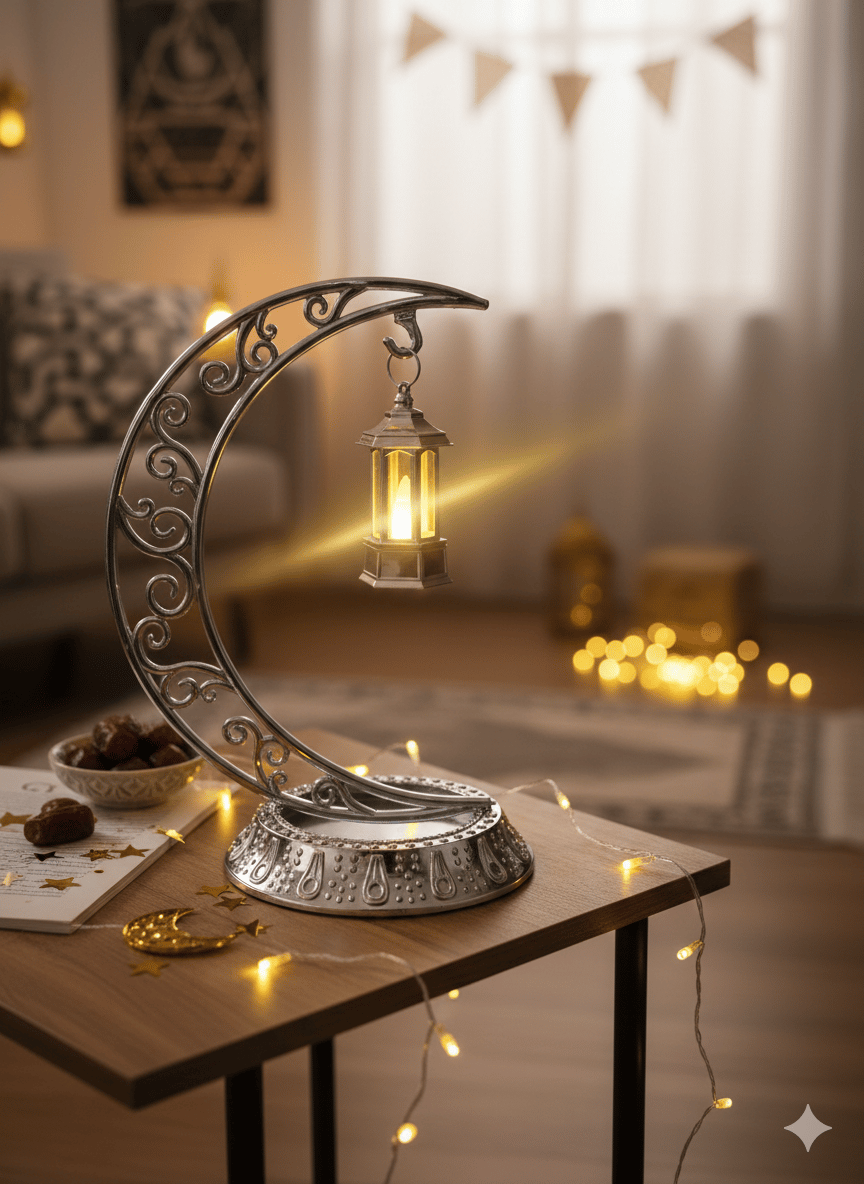 Dekoratif Masa Üstü Hilal parlak gümüş Kancalı Ramazan Led Lamba(10cm) set