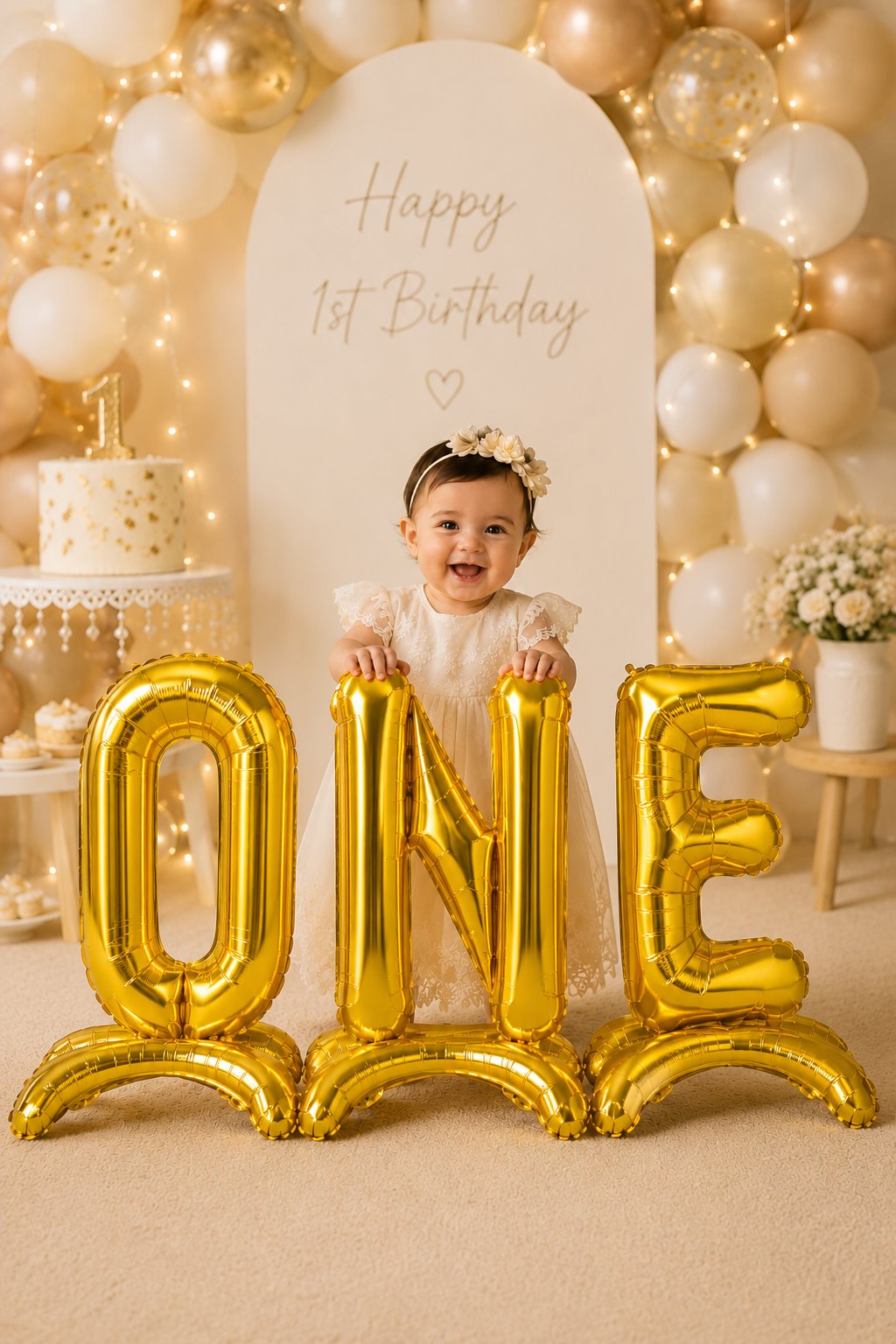Folyo Balon 75 cm 32 inç GOLD Ayaklı ONE Yazılı 1 yaş folyo set