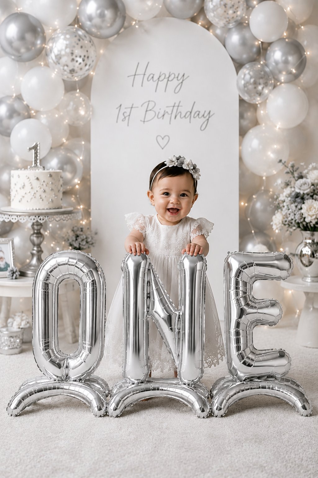 Folyo Balon 75 cm 32 inç GÜMÜŞ Ayaklı ONE Yazılı 1 yaş folyo set