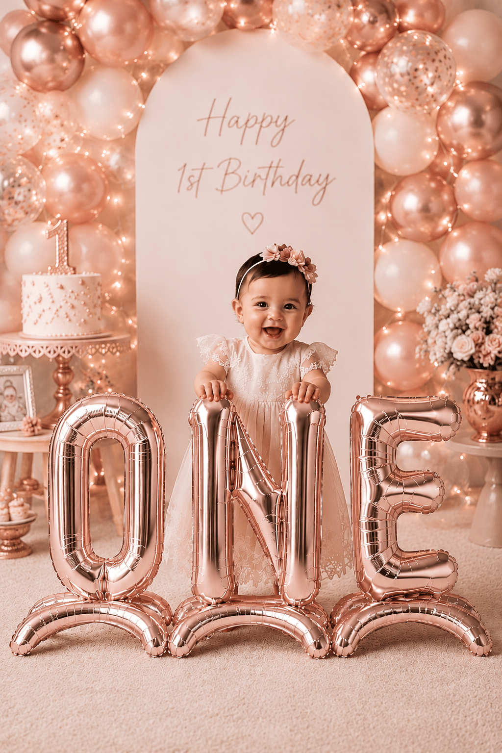 Folyo Balon 75 cm 32 inç ROSE GOLD Ayaklı ONE Yazılı 1 yaş folyo set