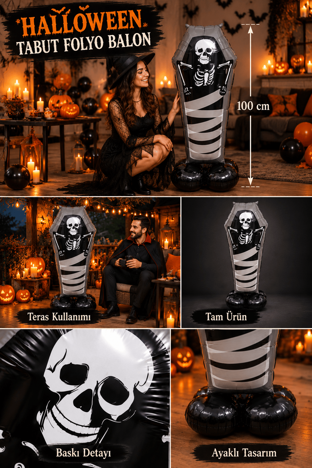 Folyo Balon Halloween Ayaklı Tabutta İskelet Folyo Balon 99-57 cm