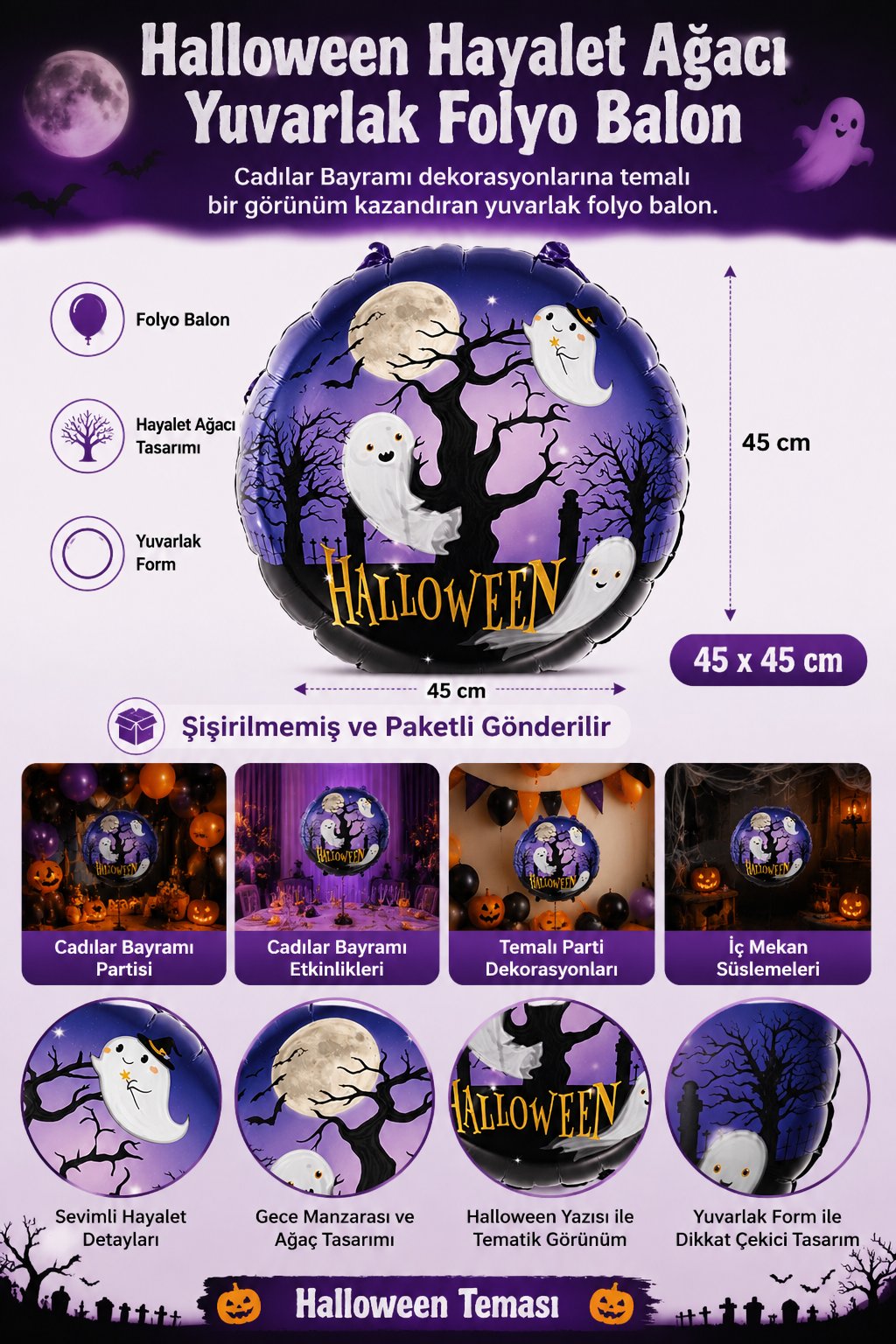 Folyo balon Halloween hayelet ağacı 45x45 yuvarlak