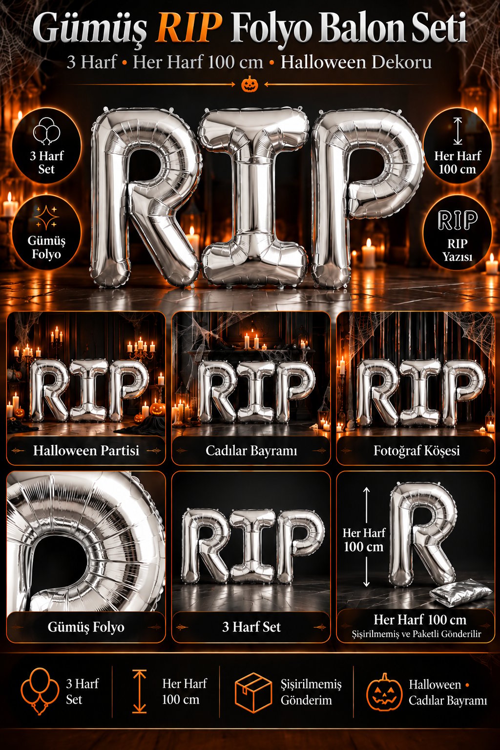 Folyo Balon Halloween RIP yazısı 100 cm 40inç gümüş set