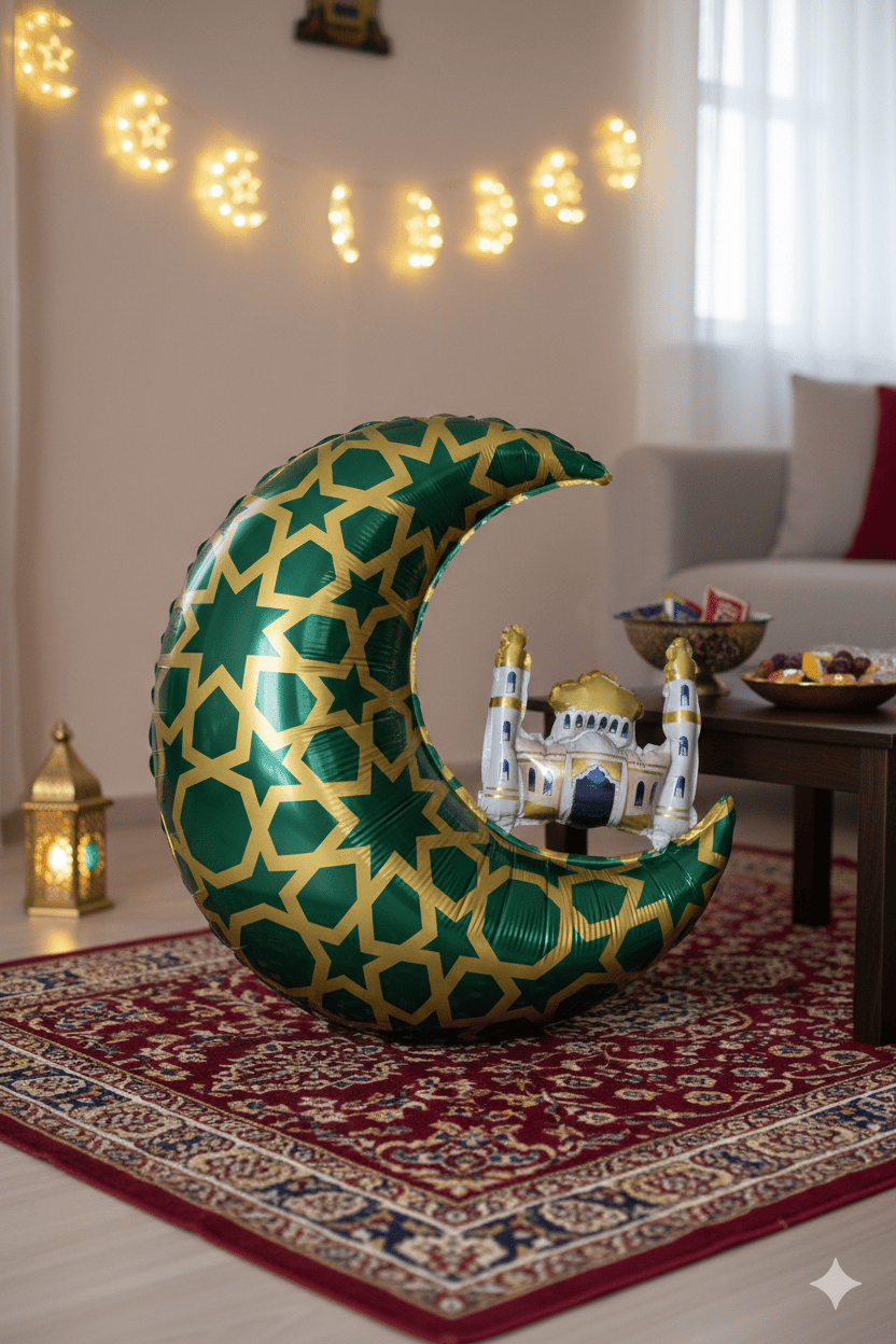 Folyo Balon Yeşil Gold Desenli Cami Figürlü Hilal 65x63