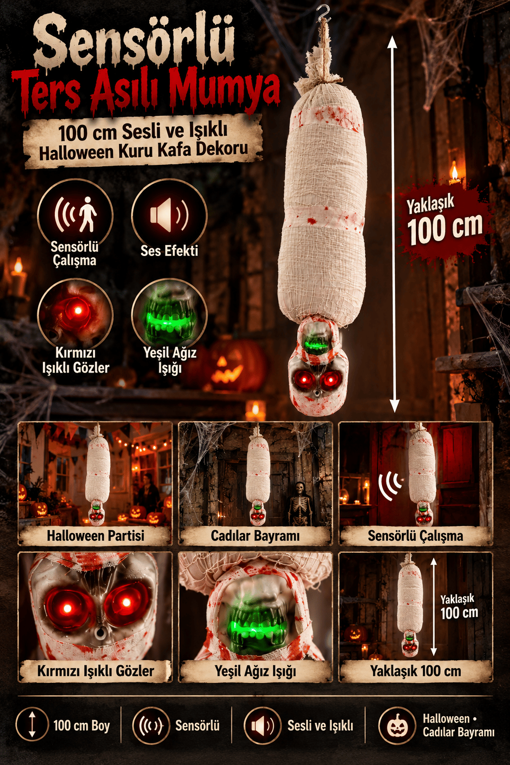 Halloween 100 Cm Sensörlü Işıklı Sesli Halloween Ters Asılı Mumya Kuru Kafa