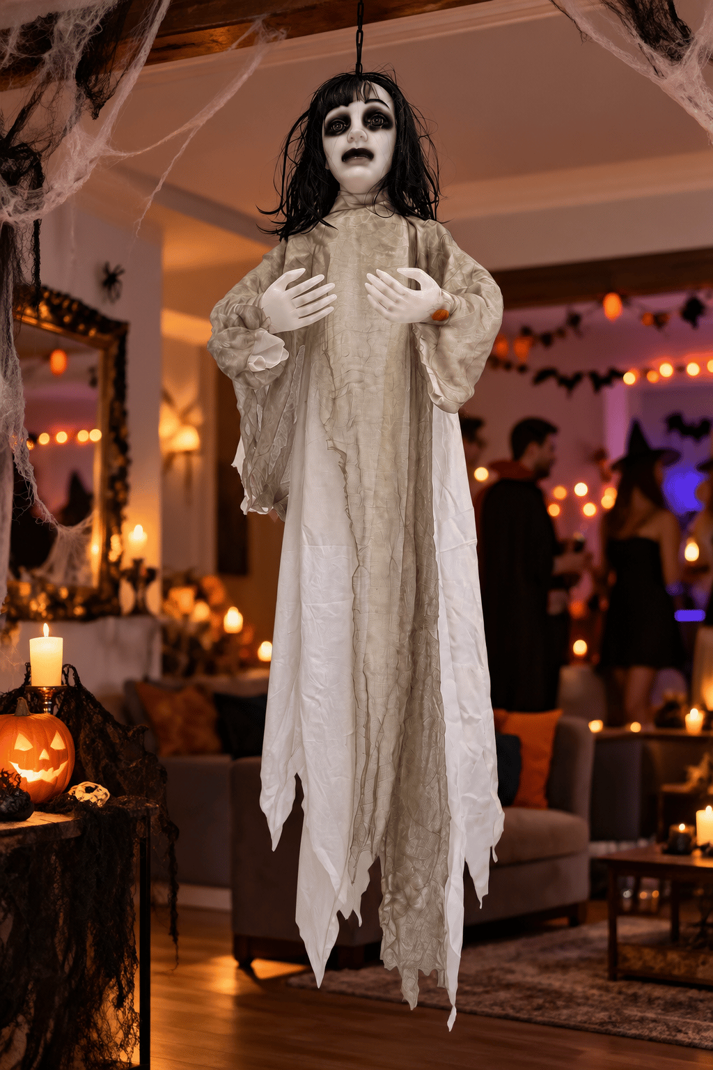 Halloween 130 Cm Sensörlü Sesli Işıklı Hayalet Kadın Dekoru Asılabilir Korku Süsü