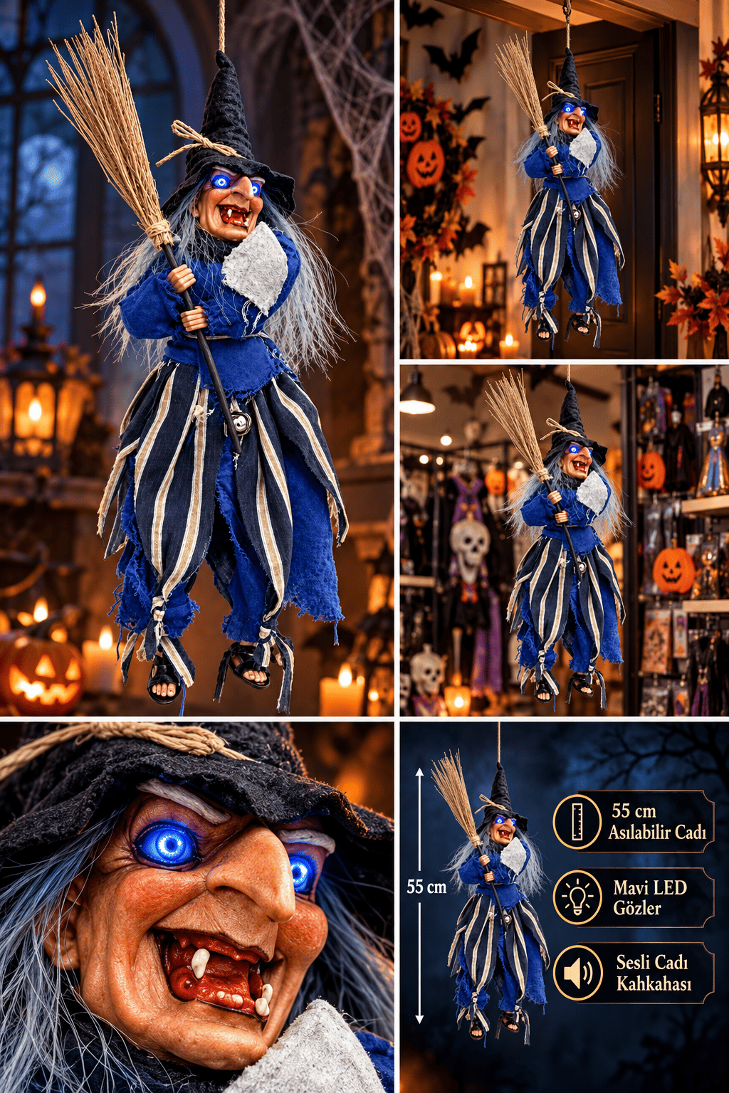 Halloween 55 Cm Sesli Işıklı Cadı Süsü Mavi LED Gözlü Asılabilir