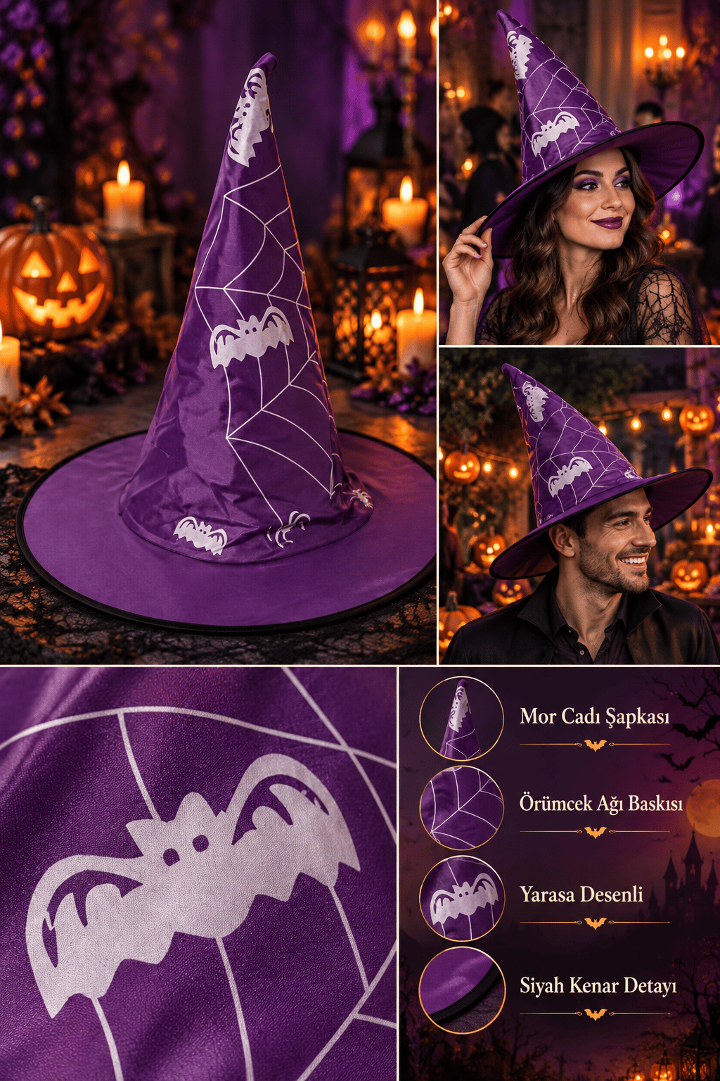Halloween Cadı Şapkası Bez Örümcek Ağı Baskılı Mor