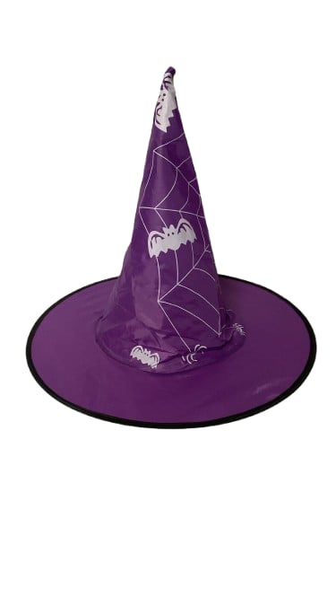 Halloween -Cadılar Bayramı Cadı Şapkası Bez Örümcek Ağı Baskılı Mor -Kafa çevresi 22cm Korku Kostümü