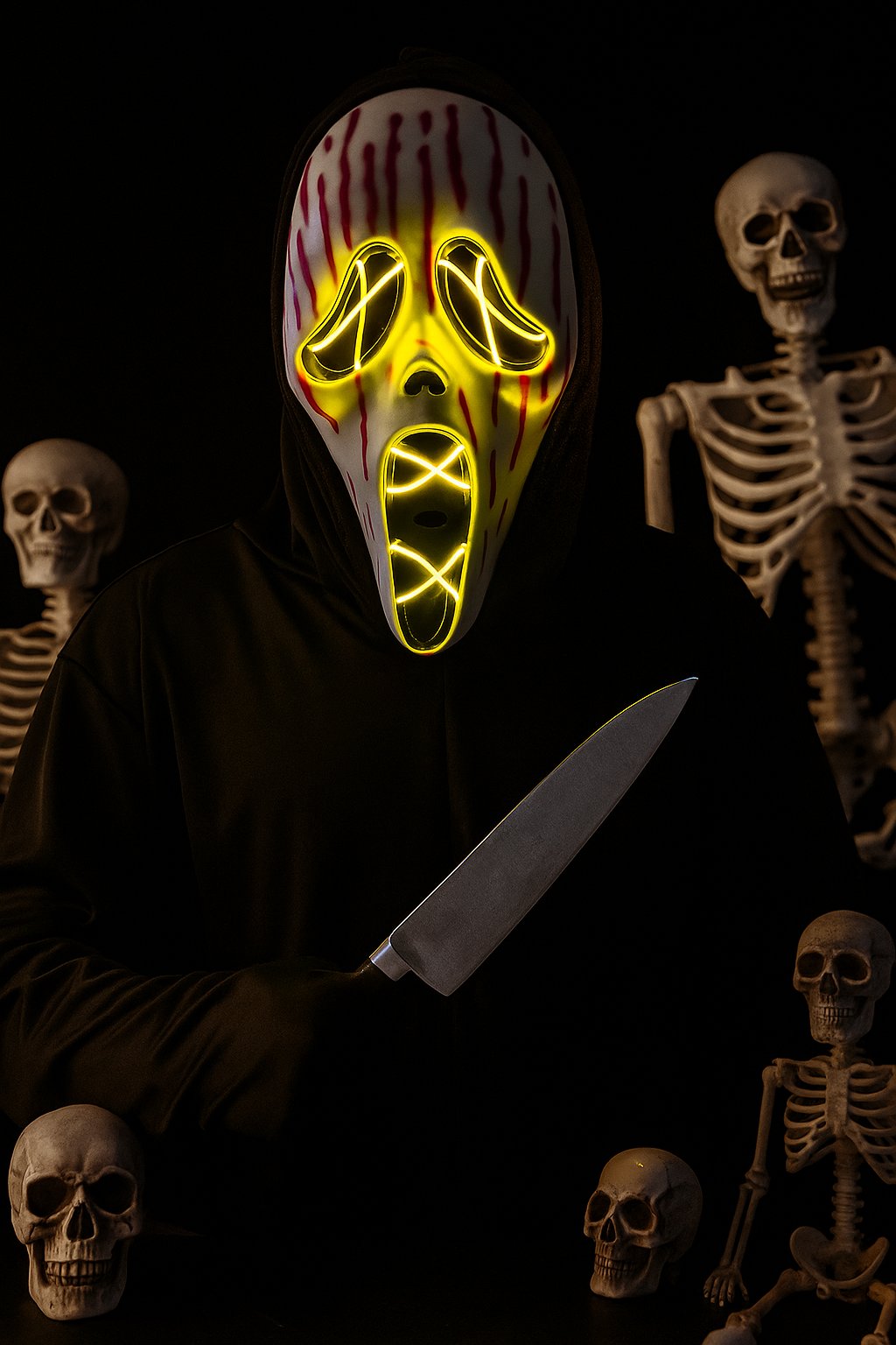 Halloween Cadılar Bayramı Çığlık Maskesi Neon Model Lüks Pilli Arkası Tüllü Korku Kostümü Aksesuarı