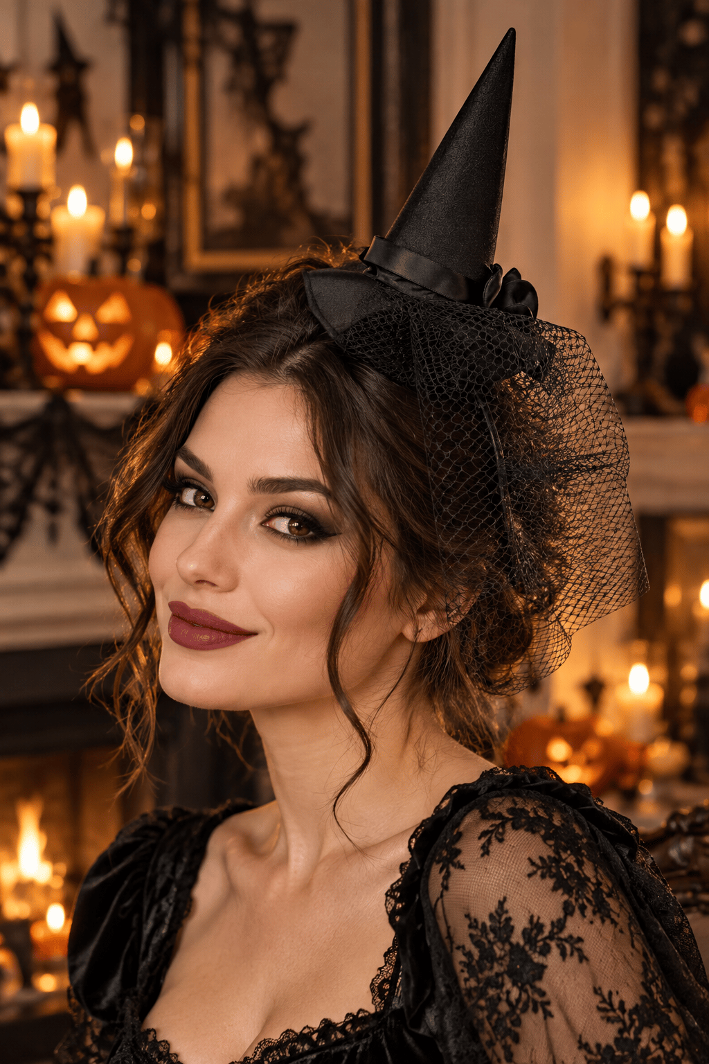 Halloween Cadılar Bayramı Siyah Güllü Tüllü Mini Cadı Şapkası Şeklinde Taç Parti Aksesuarı