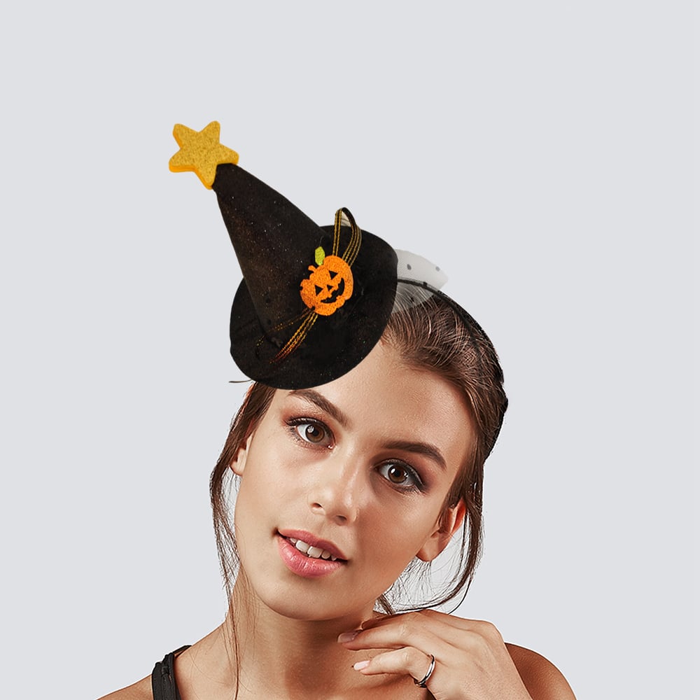 Halloween Cadılar Bayramı Siyah Simli Kumaş Uçları tül detaylı Balkabağı ve Üstte Mini Yıldızlı Cadı Şapkası Tacı
