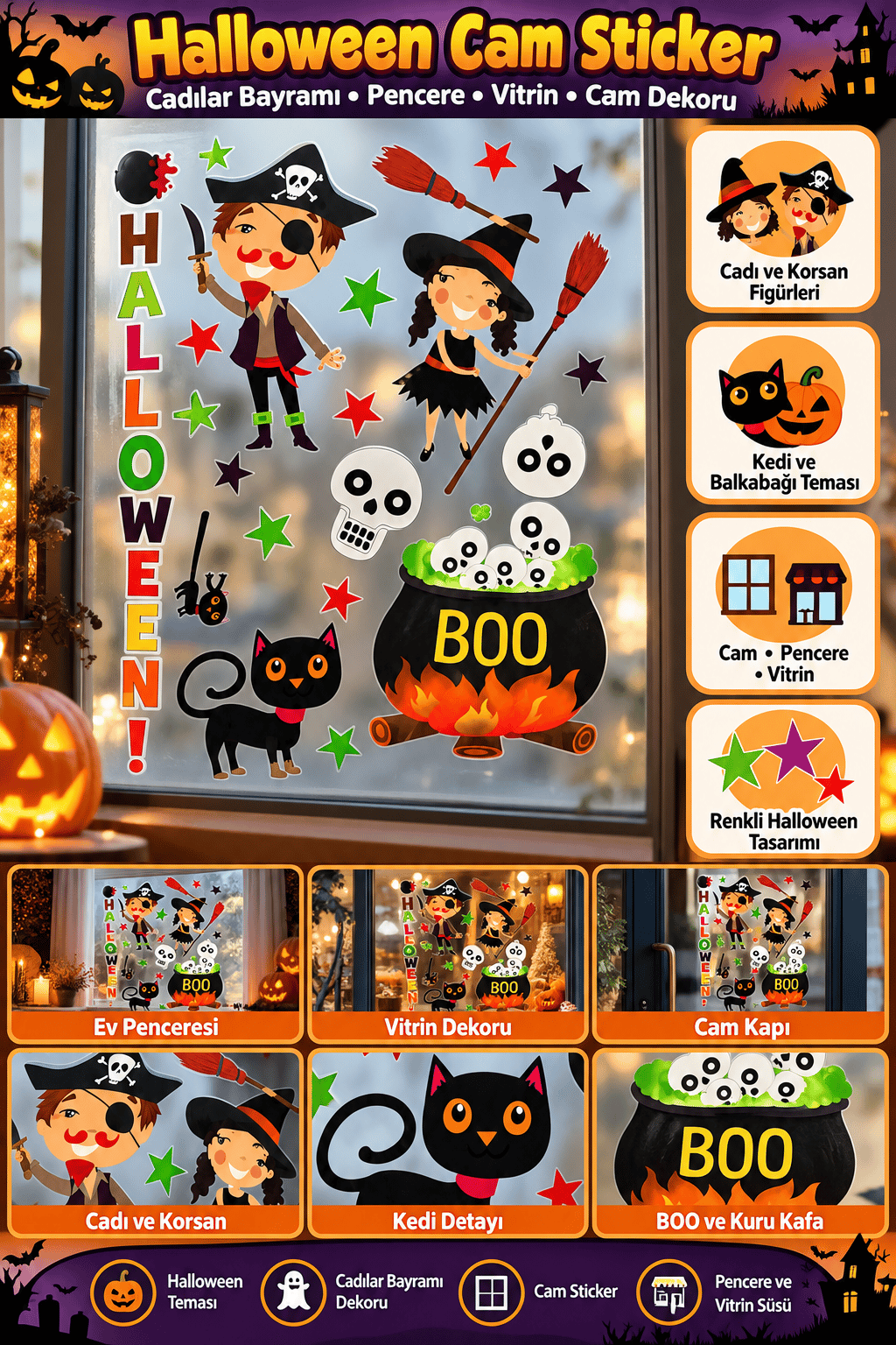 Halloween Cam Sticker Cadı Korsan Kedi Balkabağı