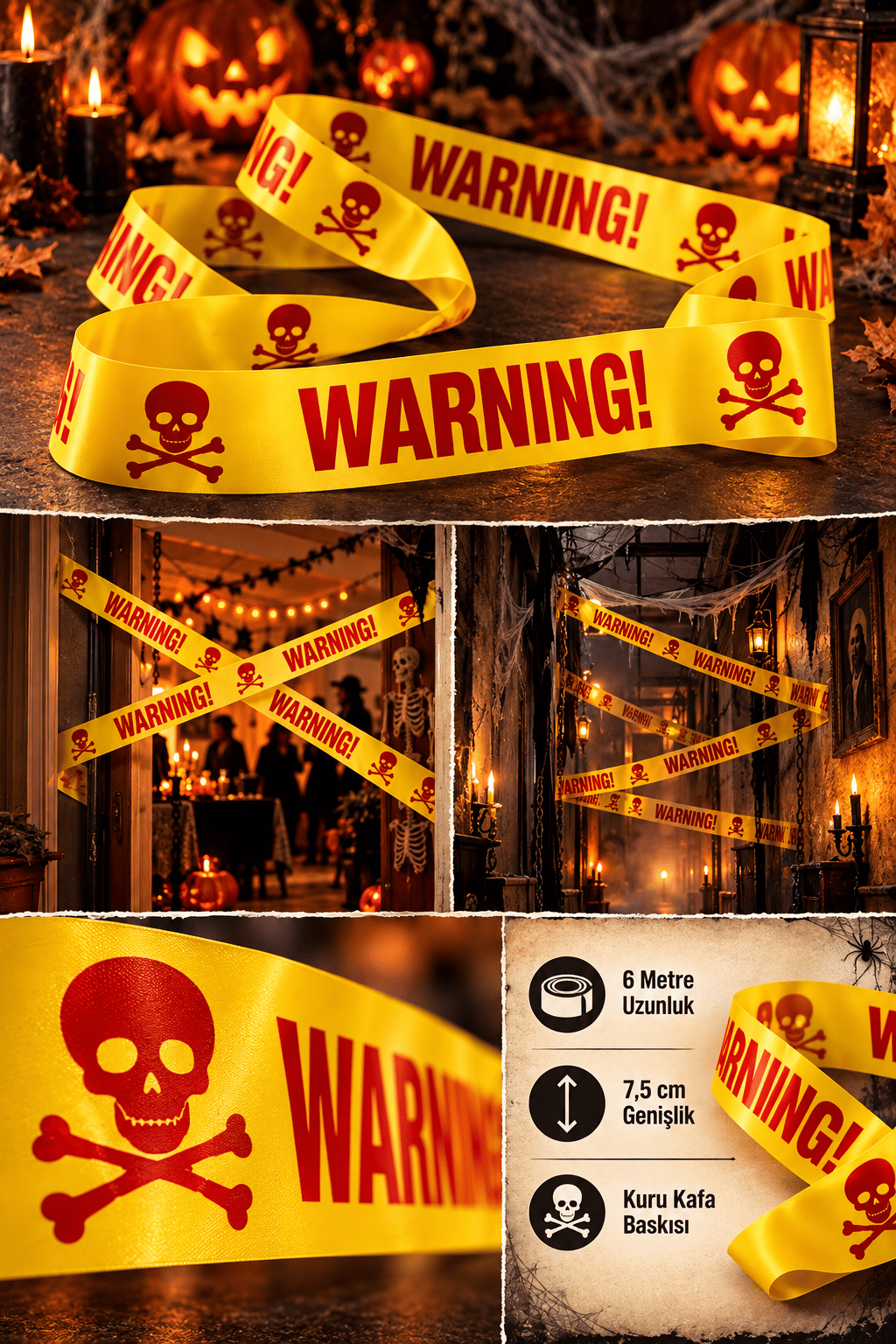 Halloween Emniyet Şeridi Kırmızı Warning 6 Metre 7.5cm en