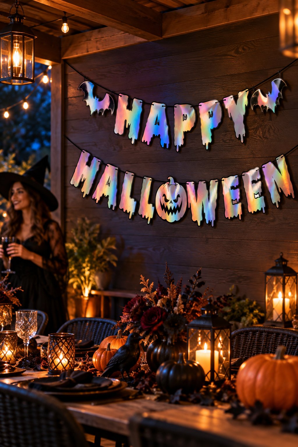 Halloween Holografik Happy Yazı – Balkabağı Figürlü İpli Asma Parti Dekoru
