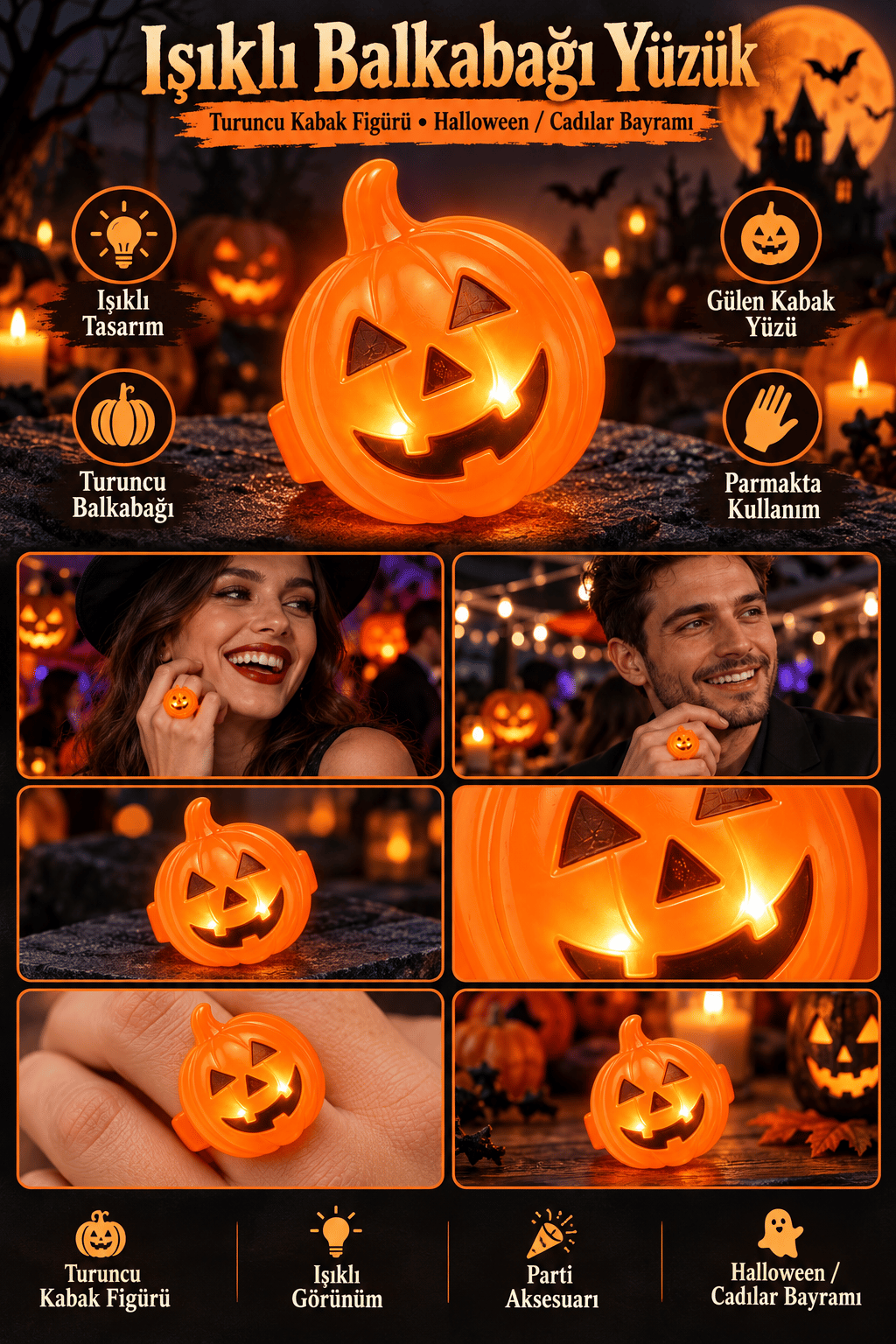Halloween Işıklı Halloween Yüzüğü Bal Kabağı