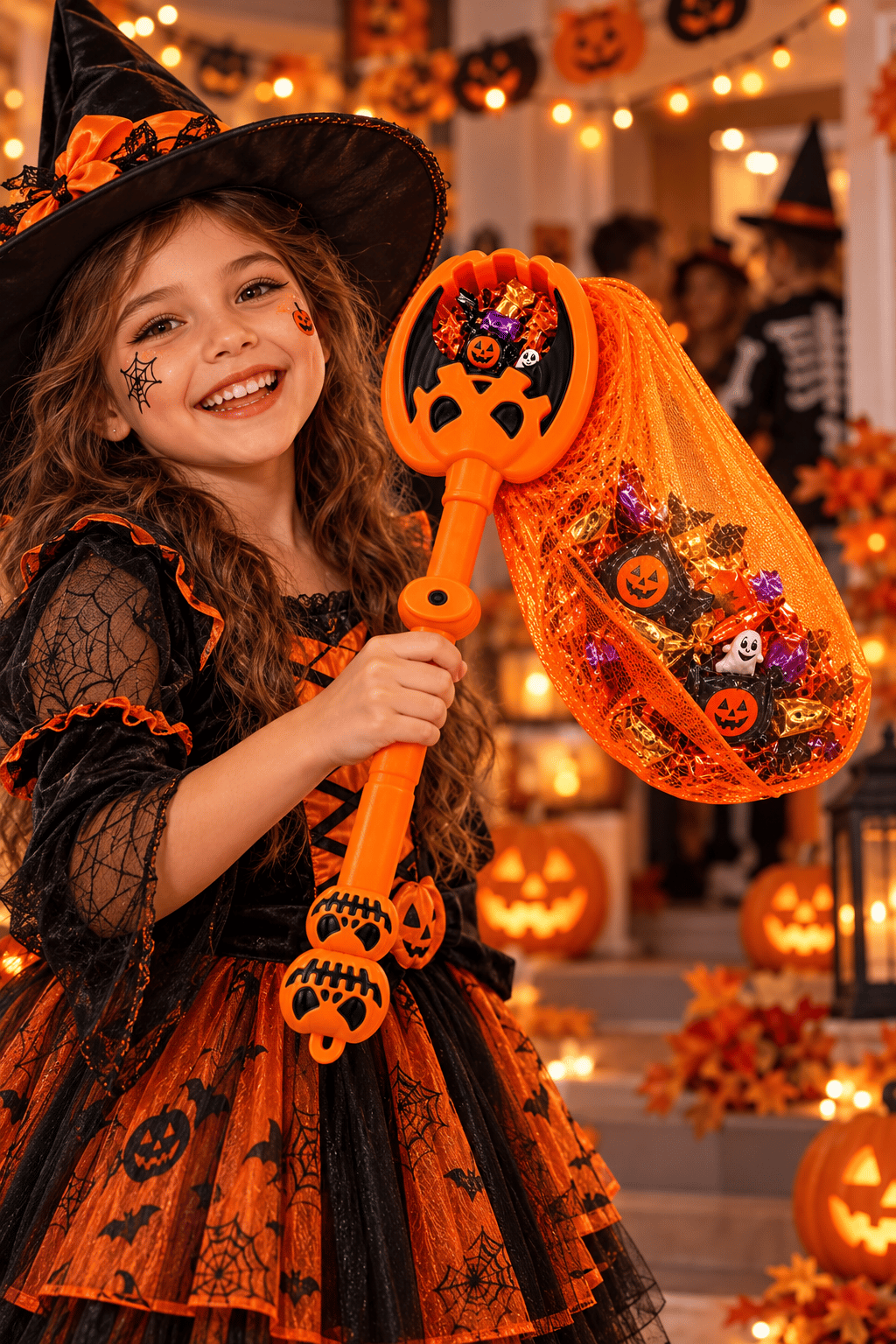 Halloween Işıklı Sesli Şeker Toplama Oyuncağı Balkabağı Tasarımlı Fileli Çanta