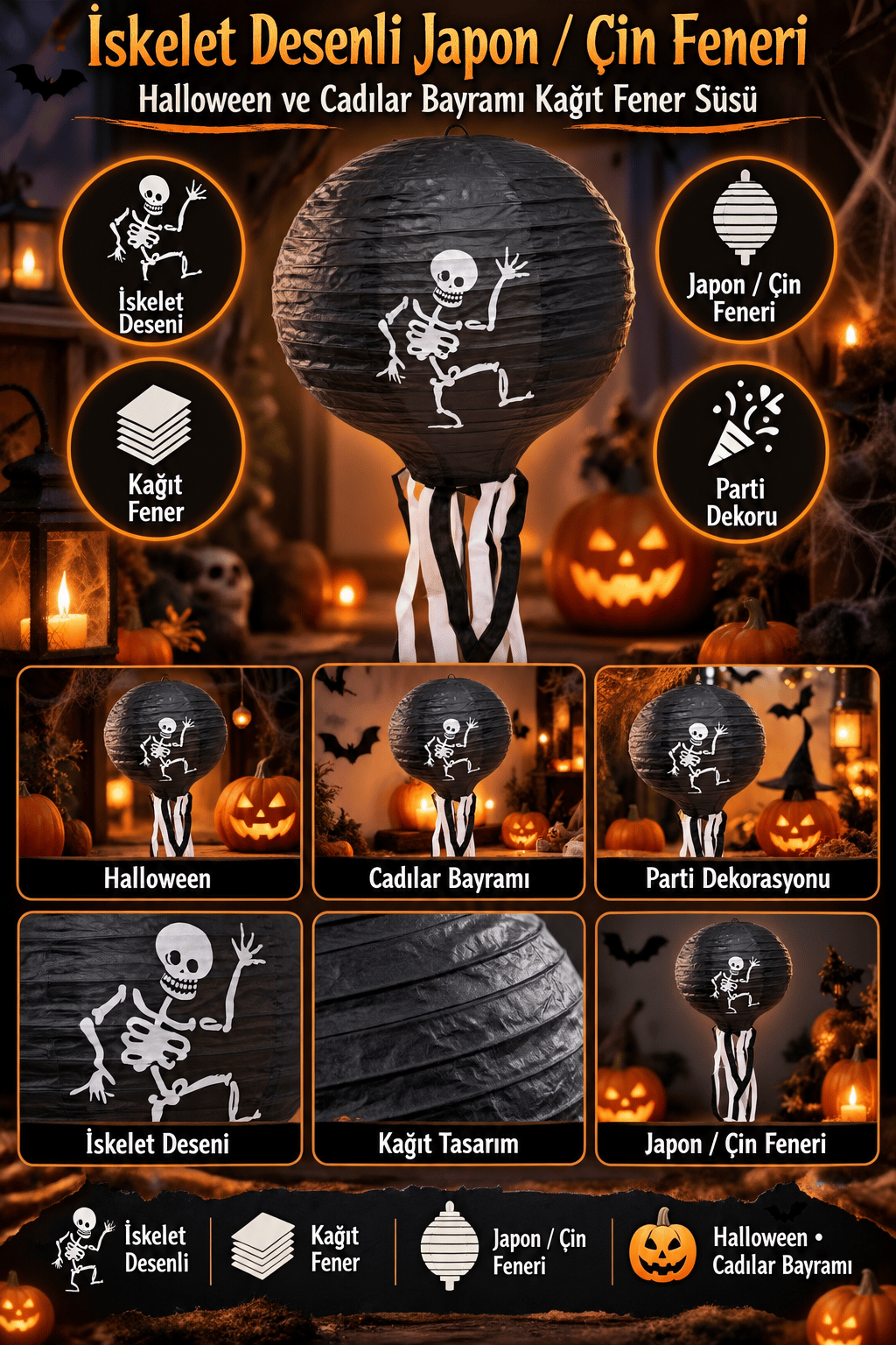 Halloween Japon feneri iskelet Desenli Kağıt Fener Süsü