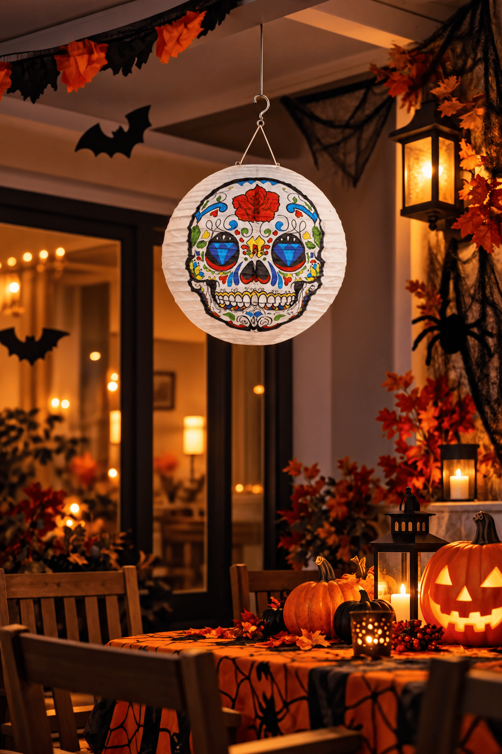 Halloween Japon feneri renkli  Kuru Kafa Desenli Kağıt Fener Süsü