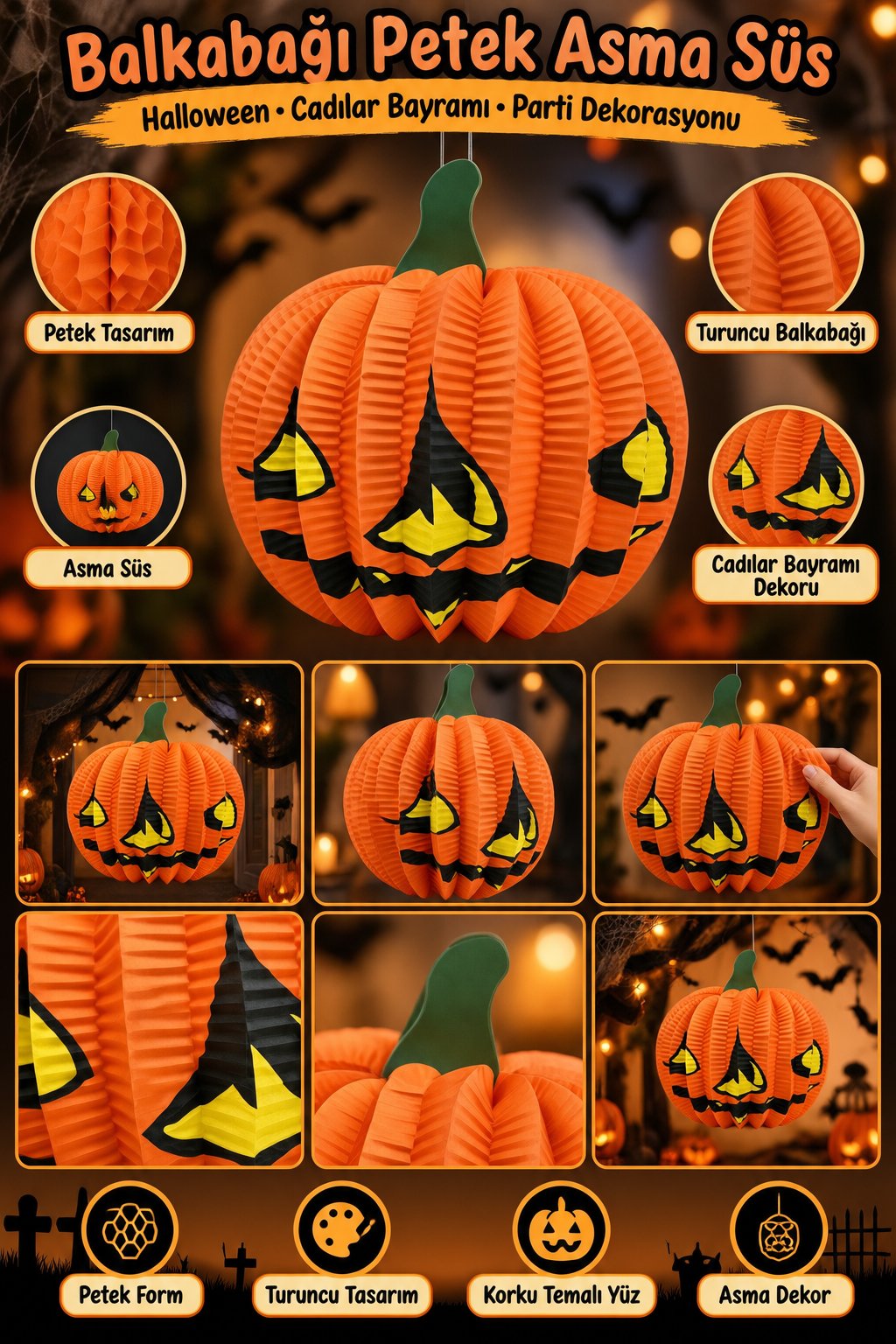 Halloween Kabak Petek Süs  Asma Süs Turuncu Balkabağı Dekor