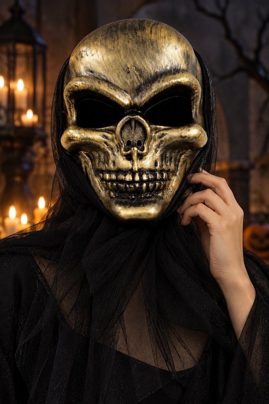 Halloween  Kurukafa Maske Gold Arkası Tüllü Cadılar Bayramı