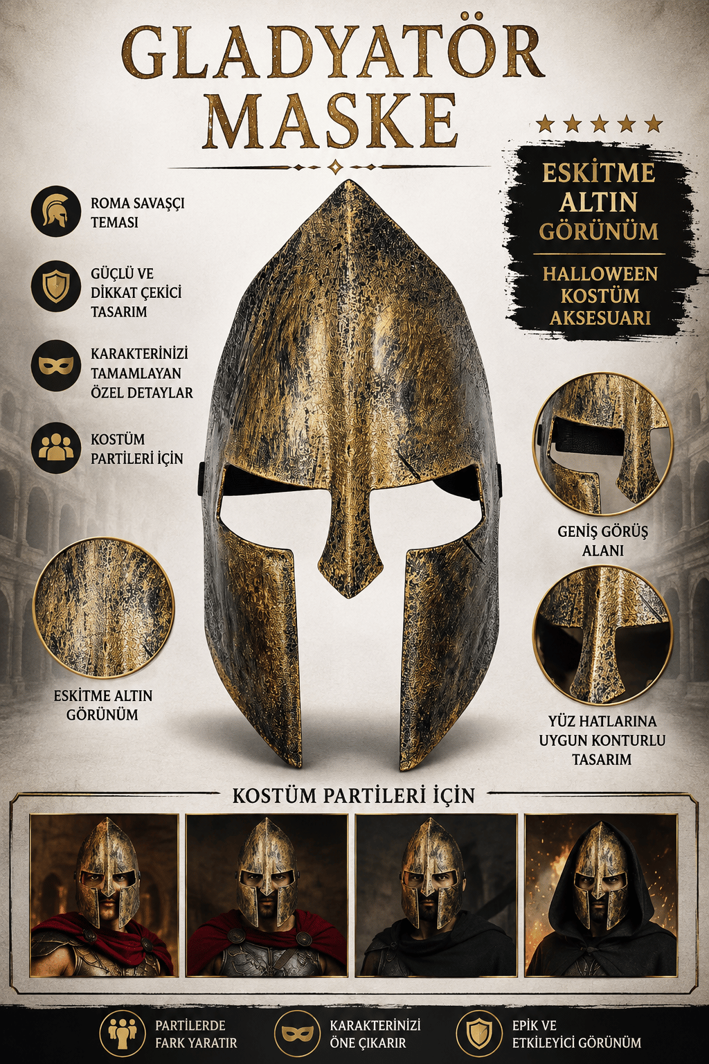 Halloween Maske Gladyatör Eskitme Altın