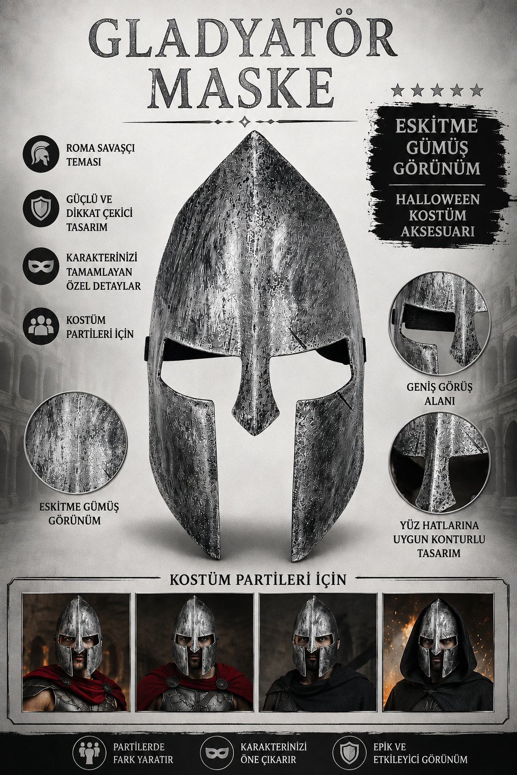 Halloween Maske Gladyatör Eskitme Gümüş