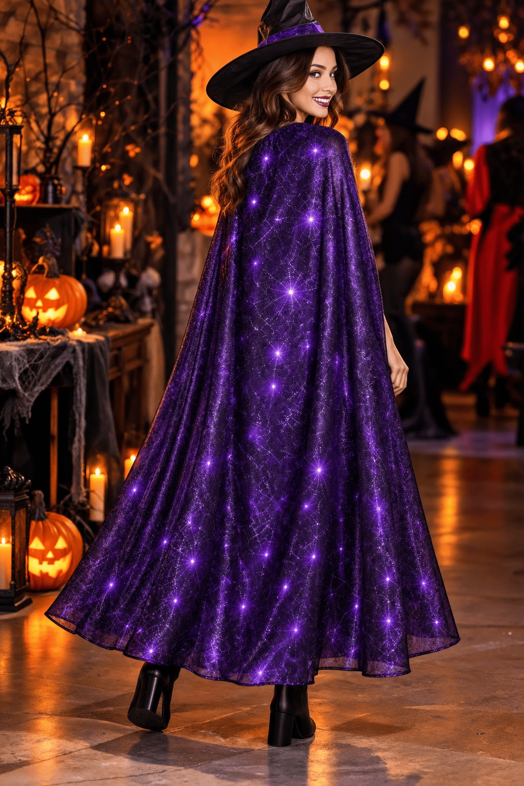 Halloween Pelerin MOR Örümcek Ağı Desenli  130 Cm Cadı Kostüm Yetişkin Çocuk
