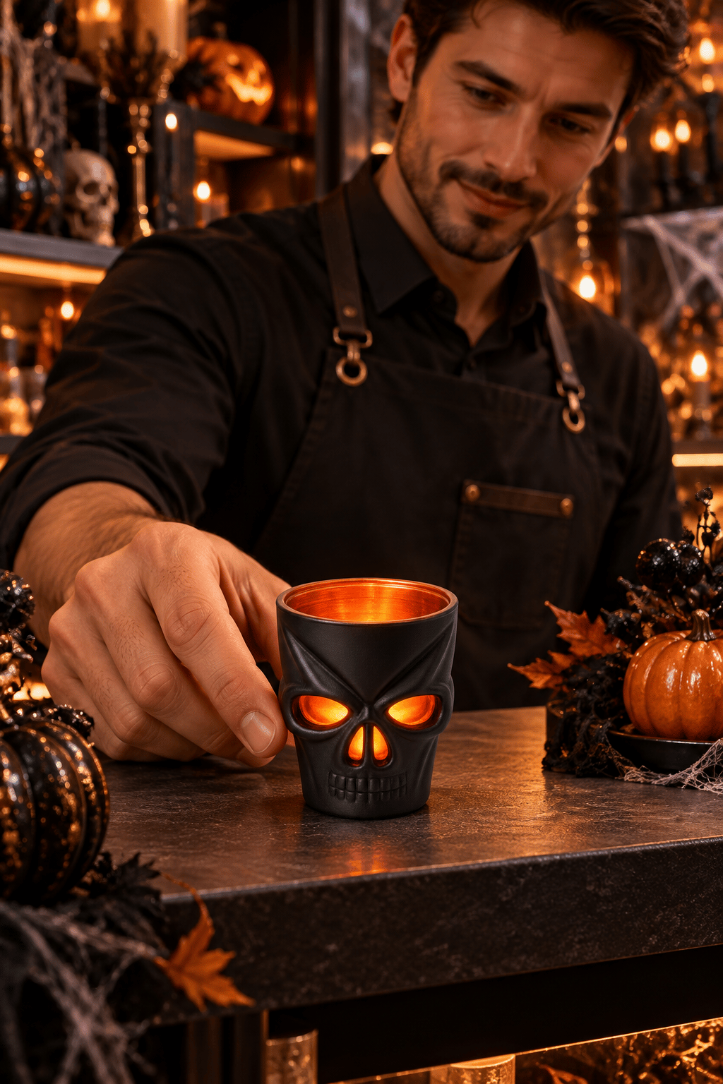 Halloween Siyah Led Işıklı Kuru Kafa Bardak Kafatası Tasarımlı