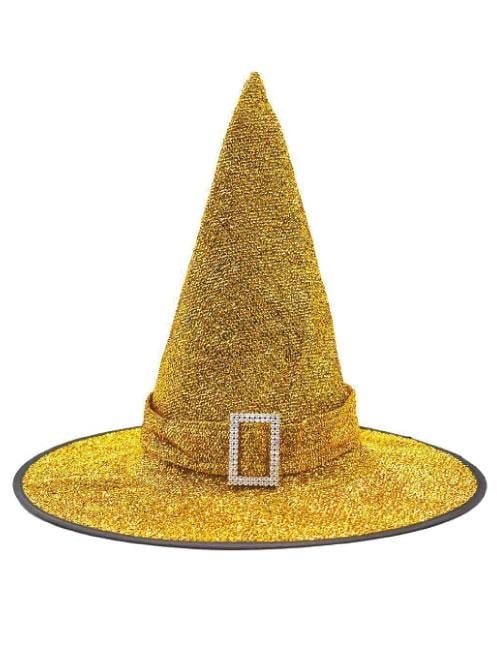 Hallowen -Cadılar Bayramı Cadı Şapkası Tokalı Kemerli Simli Gold-Altın Korku Kafa Ölçüsü 22cm Yükseklik 32cm
