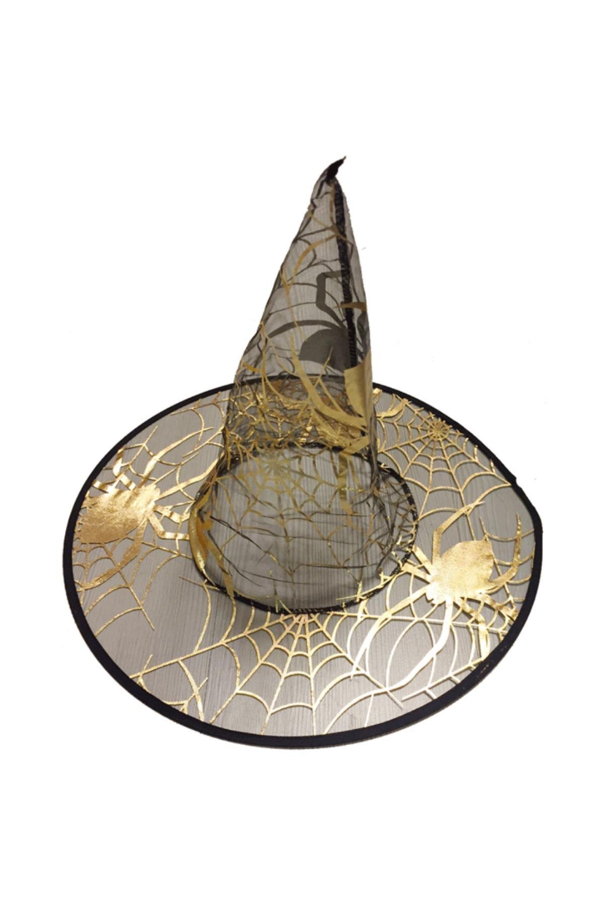 Hallowen -Cadılar Bayramı Cadı Şapkası Örümcek Desenli Transparan Gold-Kafa Çap 22cm uzunluk 32cm