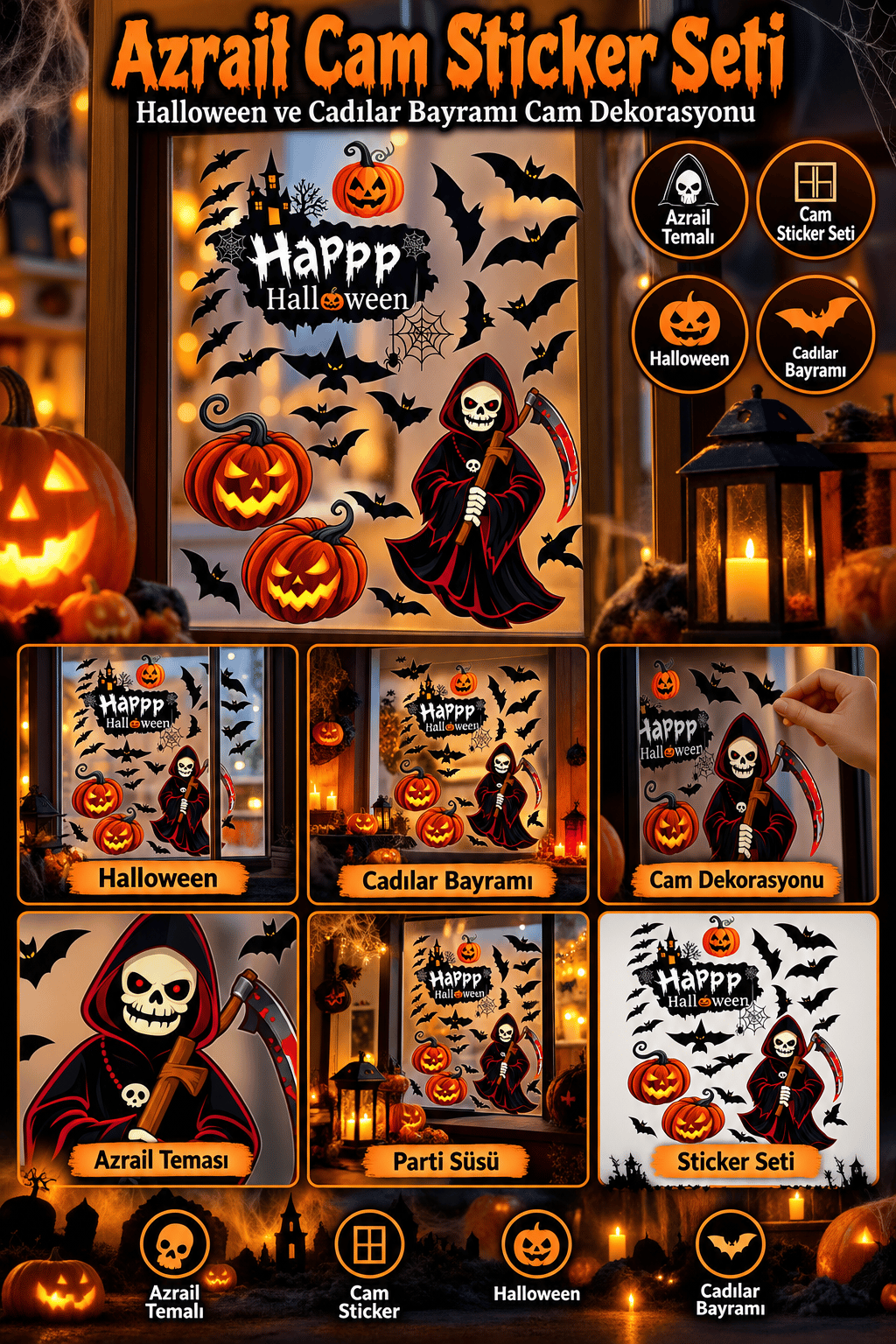 Hallowen cam stickers Cadılar Bayramı Cam Sticker Seti Azrail