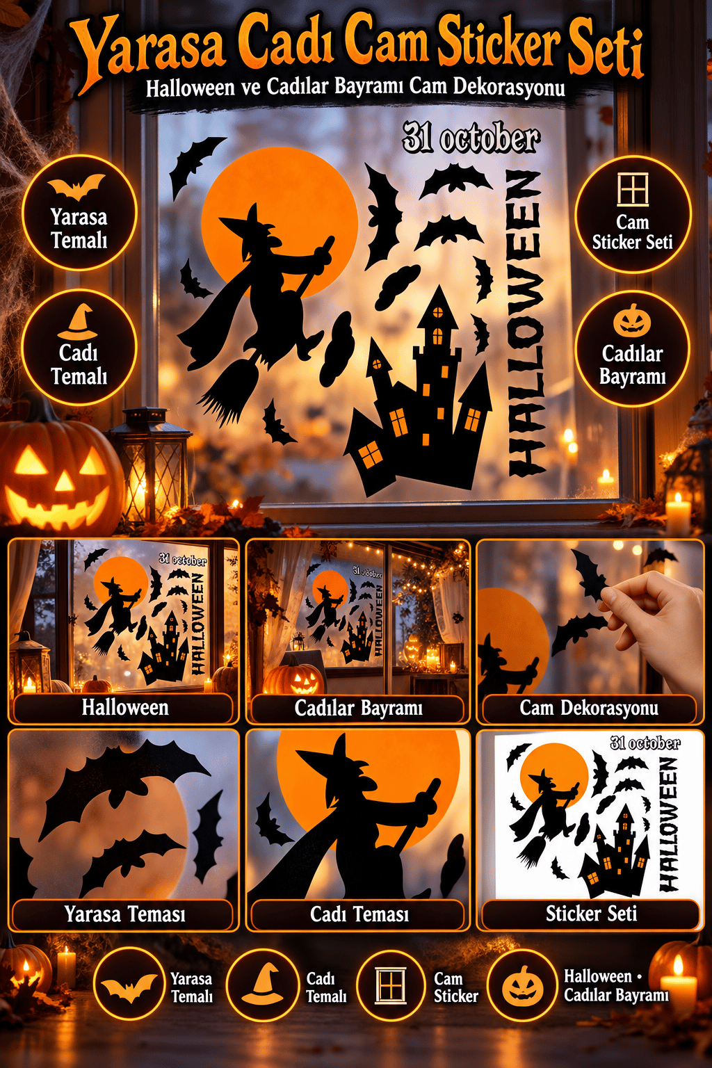 Hallowen Cam Stickers Cadılar Bayramı Cam Sticker Seti Yarasa