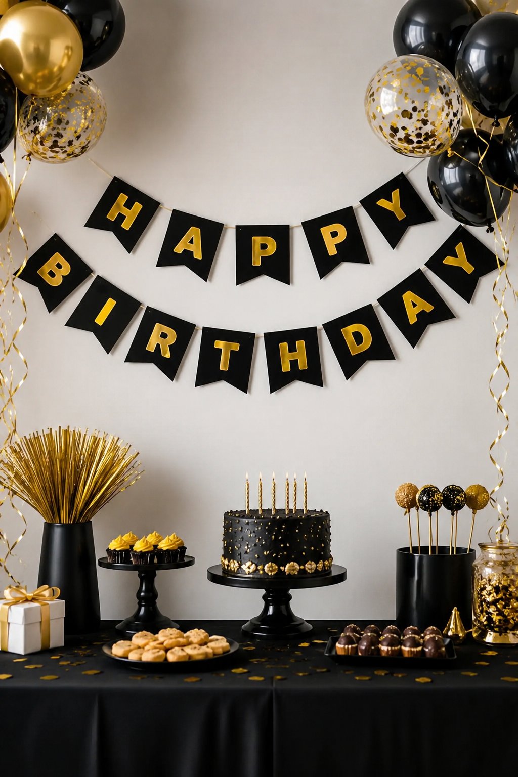 Happy Birthday Banner Siyah üstü GOLD yazılı