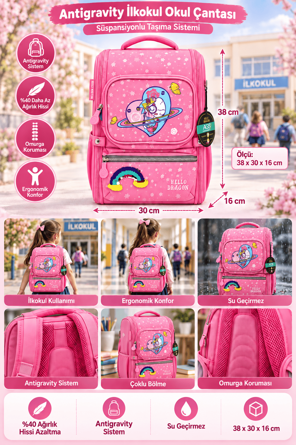 Hello Dragon Okul Çantası Model 18 Pembe CN0045