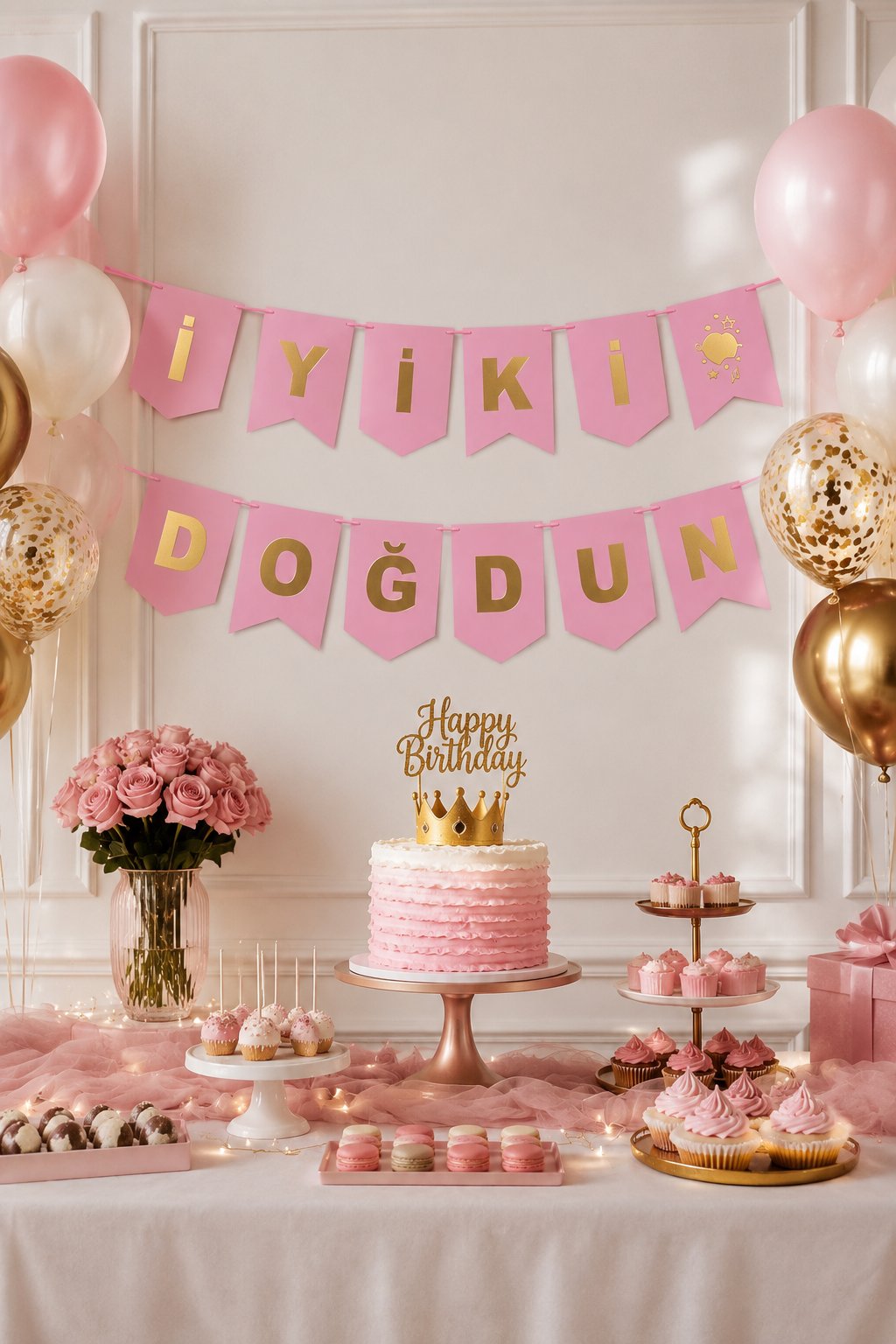 İyiki Doğdun Banner PEMBE yazısı ALTIN 250x17cm