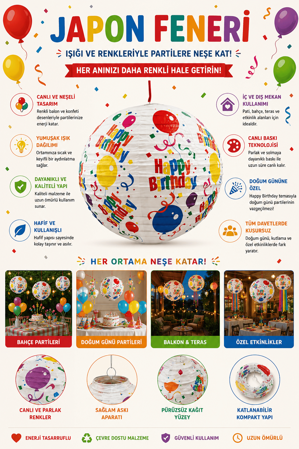 Japon Feneri Happy Birthday Baskılı Balon 25 cm Doğum Günü Asma Parti Süsü Dekorasyon Feneri